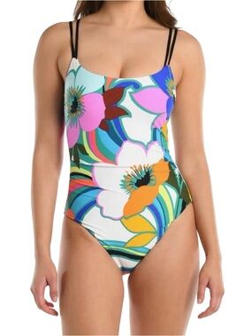 GREAT CONDTN La Blanca Floral Print One-Piece Swimsuit in Pink, Blue and Green